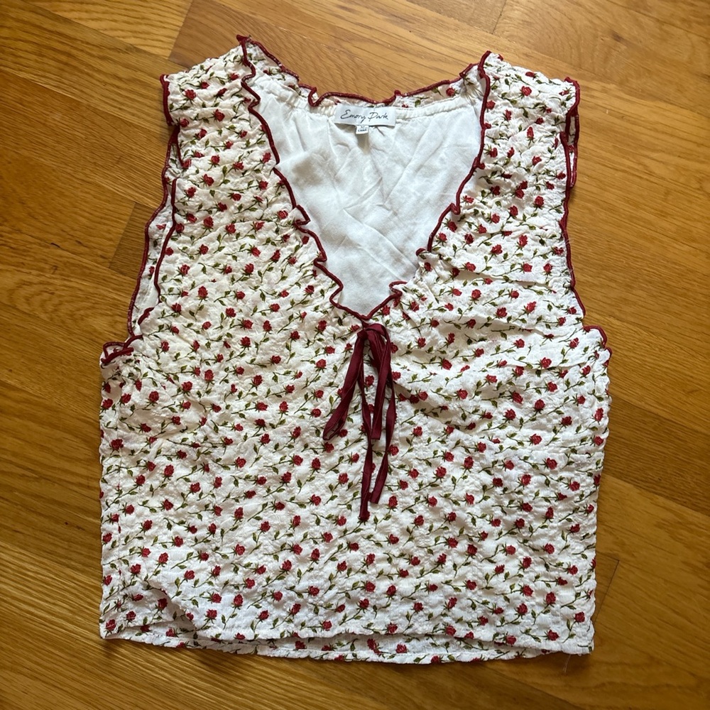 **SOLD** Floral Sleeveless Ruffled Blouse with Tie Front